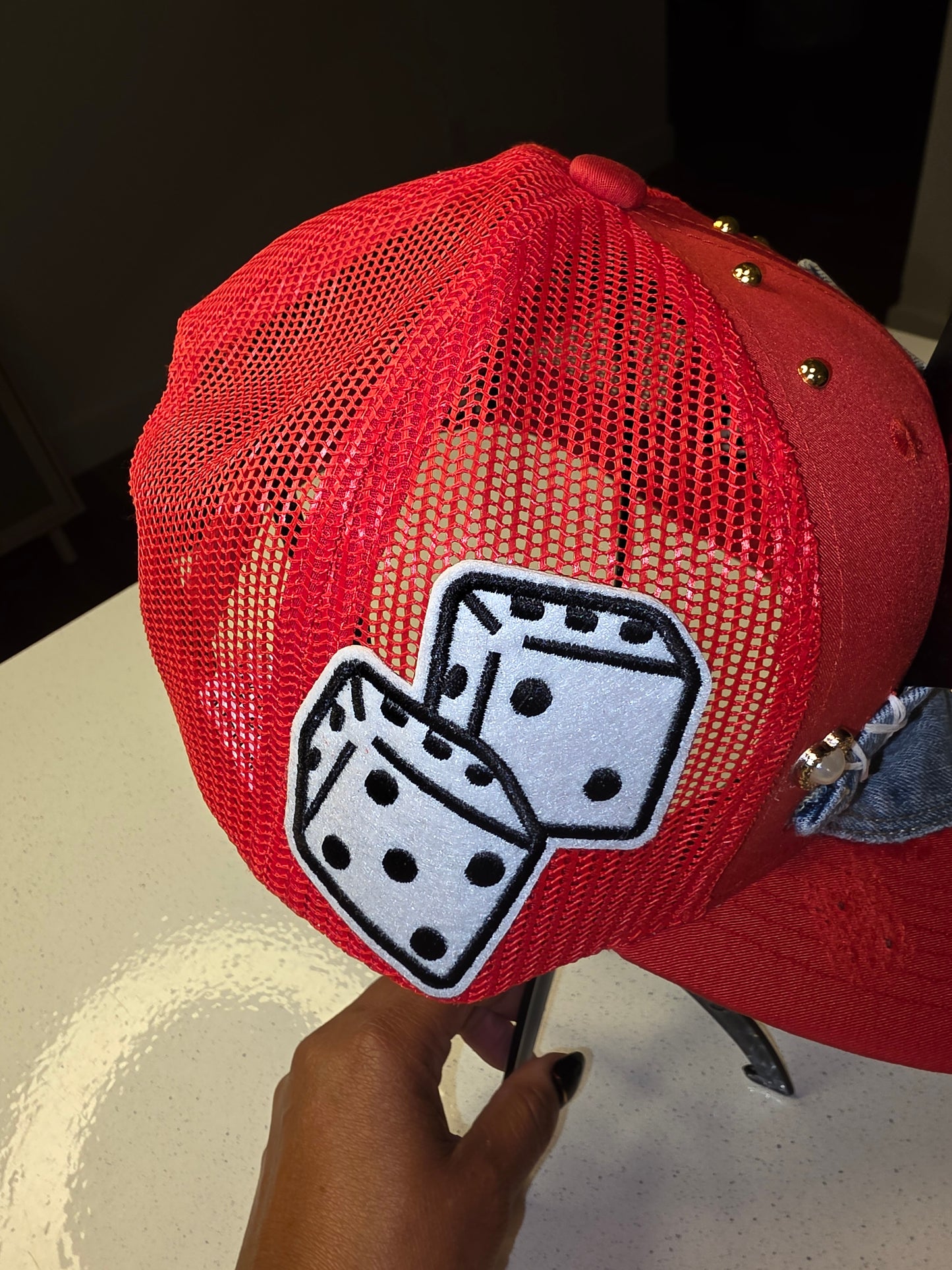 Roll the Dice- Red Denim Pocket Trucker