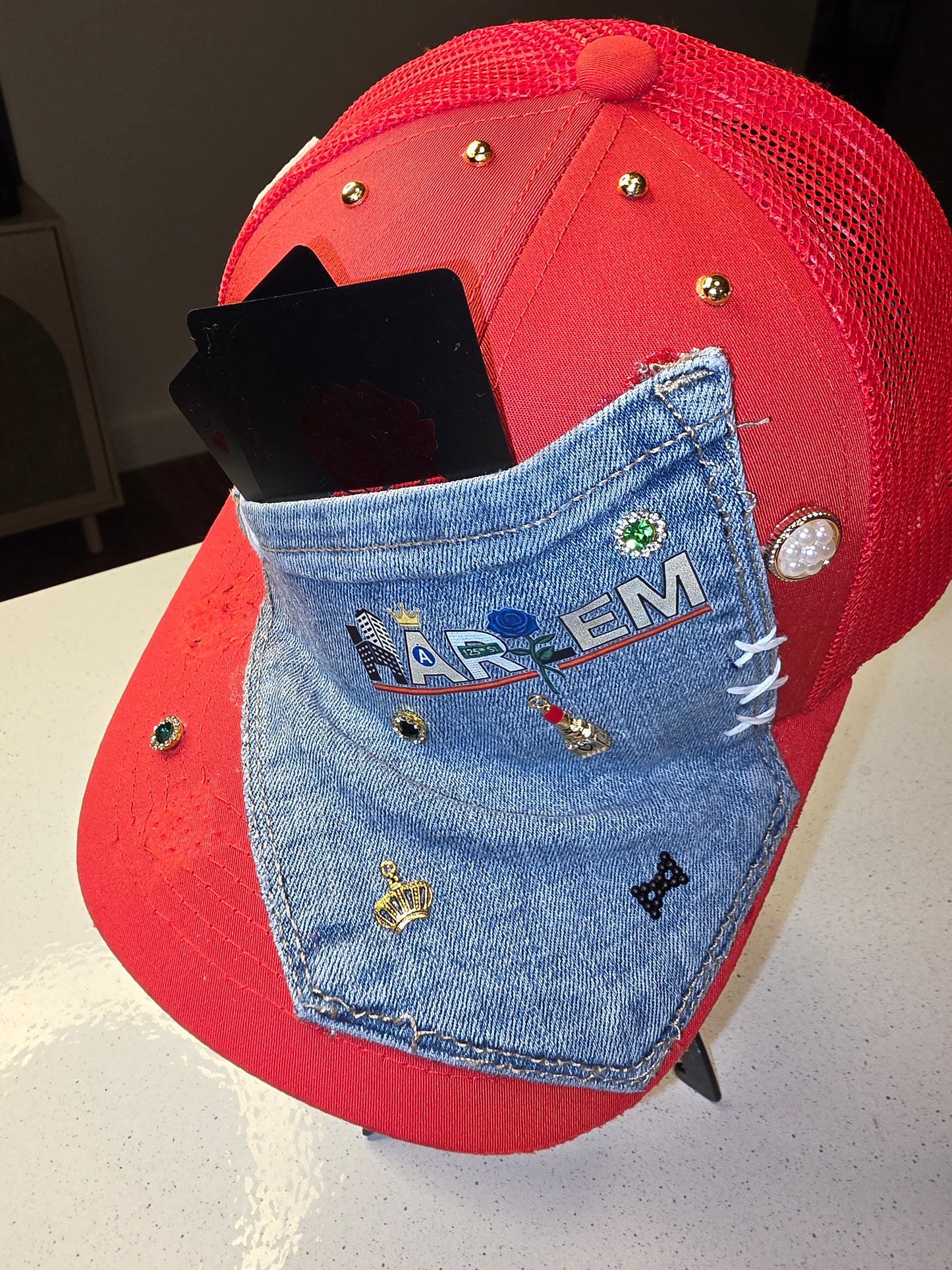 Roll the Dice- Red Denim Pocket Trucker