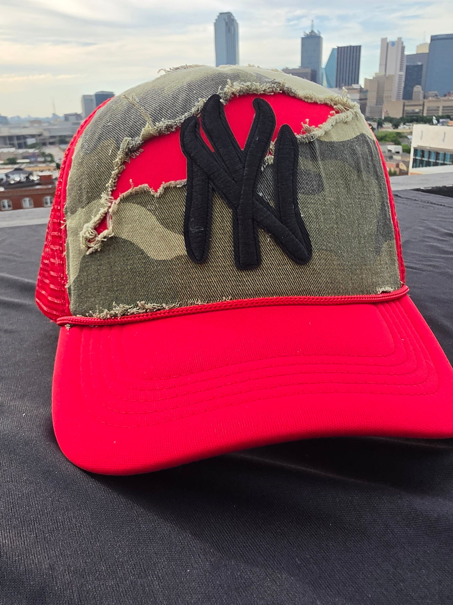 Red Distressed Camo-NY Trucker
